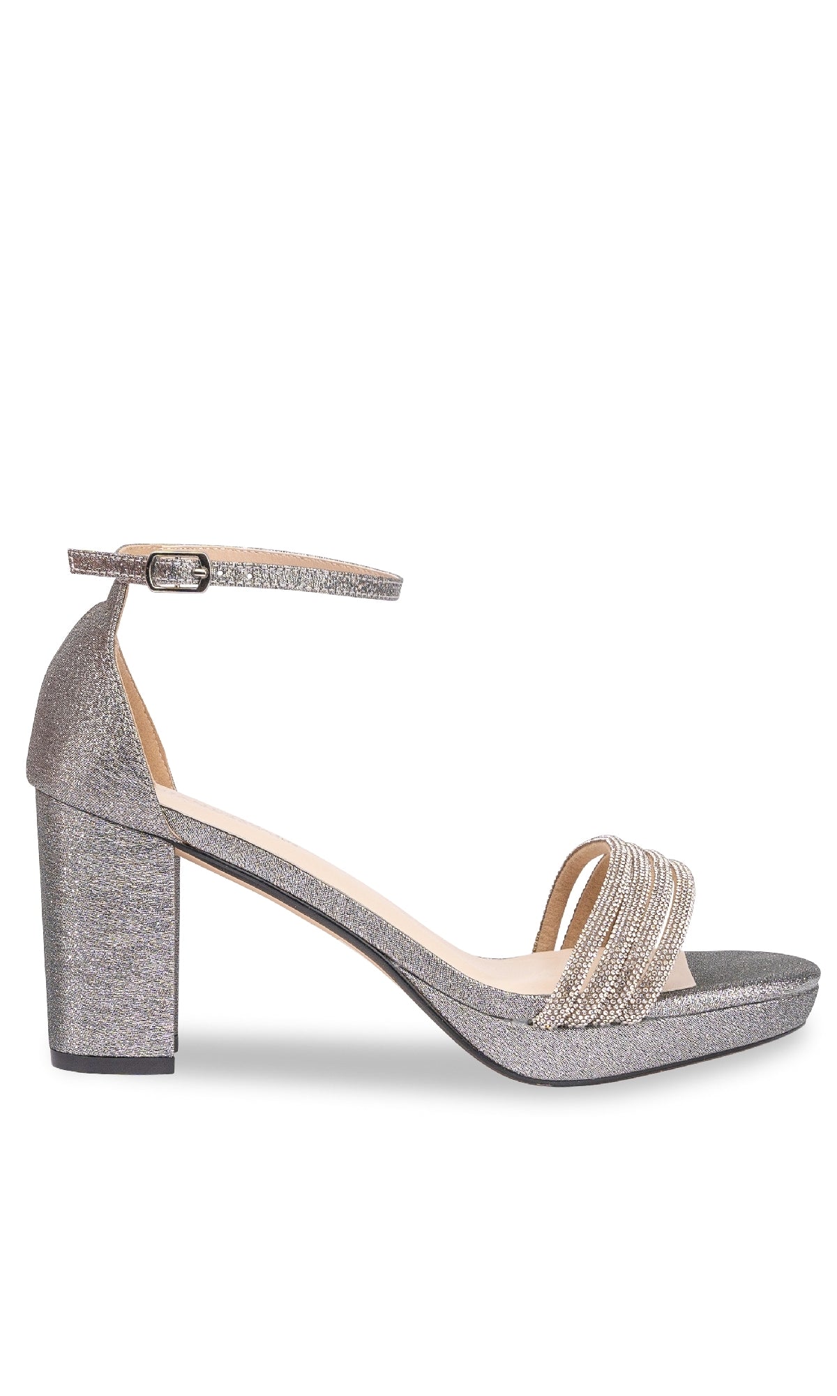 The Parker Pewter Glitter Prom Shoes: Touch Ups 4658 feature a low block heel, ankle strap, and a single front strap with metallic beads. This open-toe design dazzles in pewter glitter against a white background.